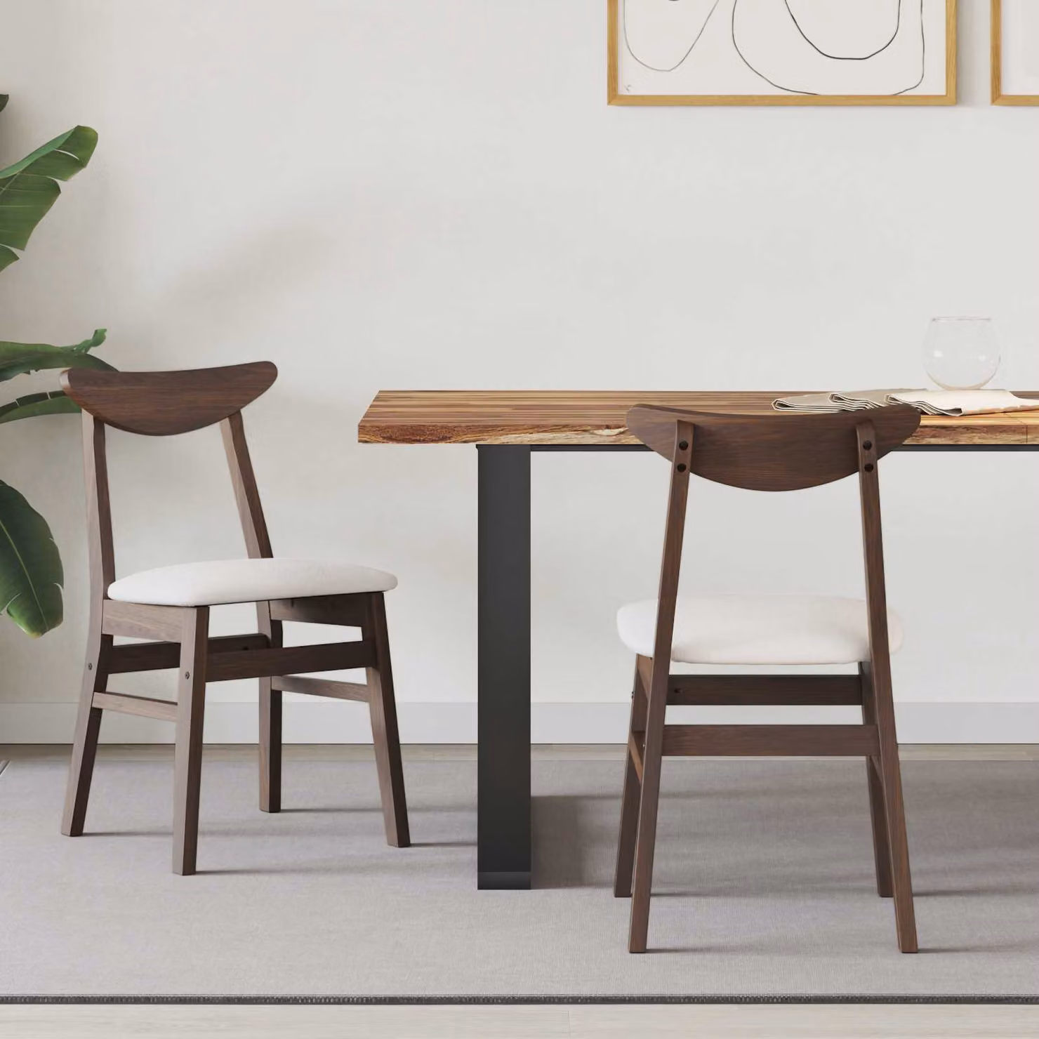 Set di 2 sedie da pranzo moderne vidaXL in legno di gomma e tessuto, marrone chiaro e bianco