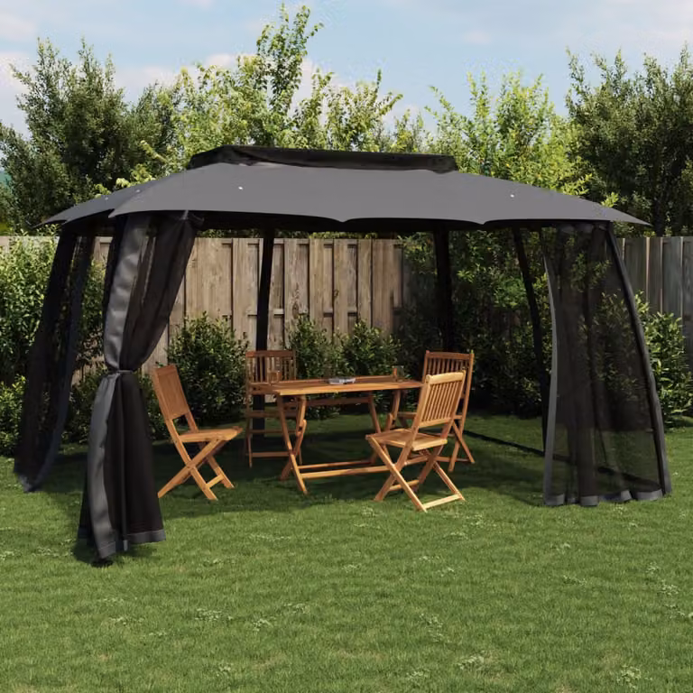 Gazebo vidaXL con tetto doppio e pareti in rete con finestre, colore antracite, L: 393 cm, P: 293 cm