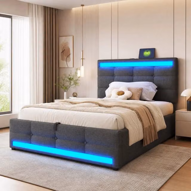 Letto Mivray moderno con cassetti, illuminazione LED RGB, porte USB e testiera regolabile in tessuto grigio, L/P/H: 208 x 90 x 107 cm