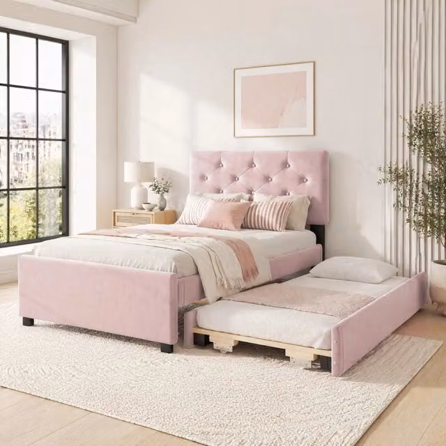 Letto singolo imbottito 90 × 200 cm con rete a doghe letto estraibile in velluto rosa con testiera capitonné