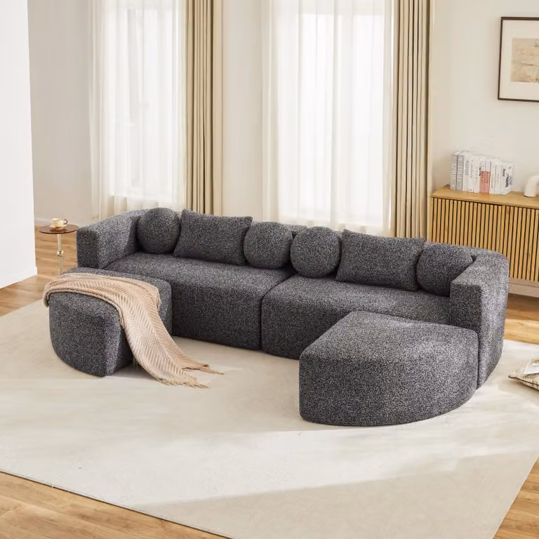 Divano ad angolo Merax a 4 posti, divano letto modulare a forma di U con funzione letto, divano Cloud a compressione totale, divano in ciniglia, da montare, grigio scuro