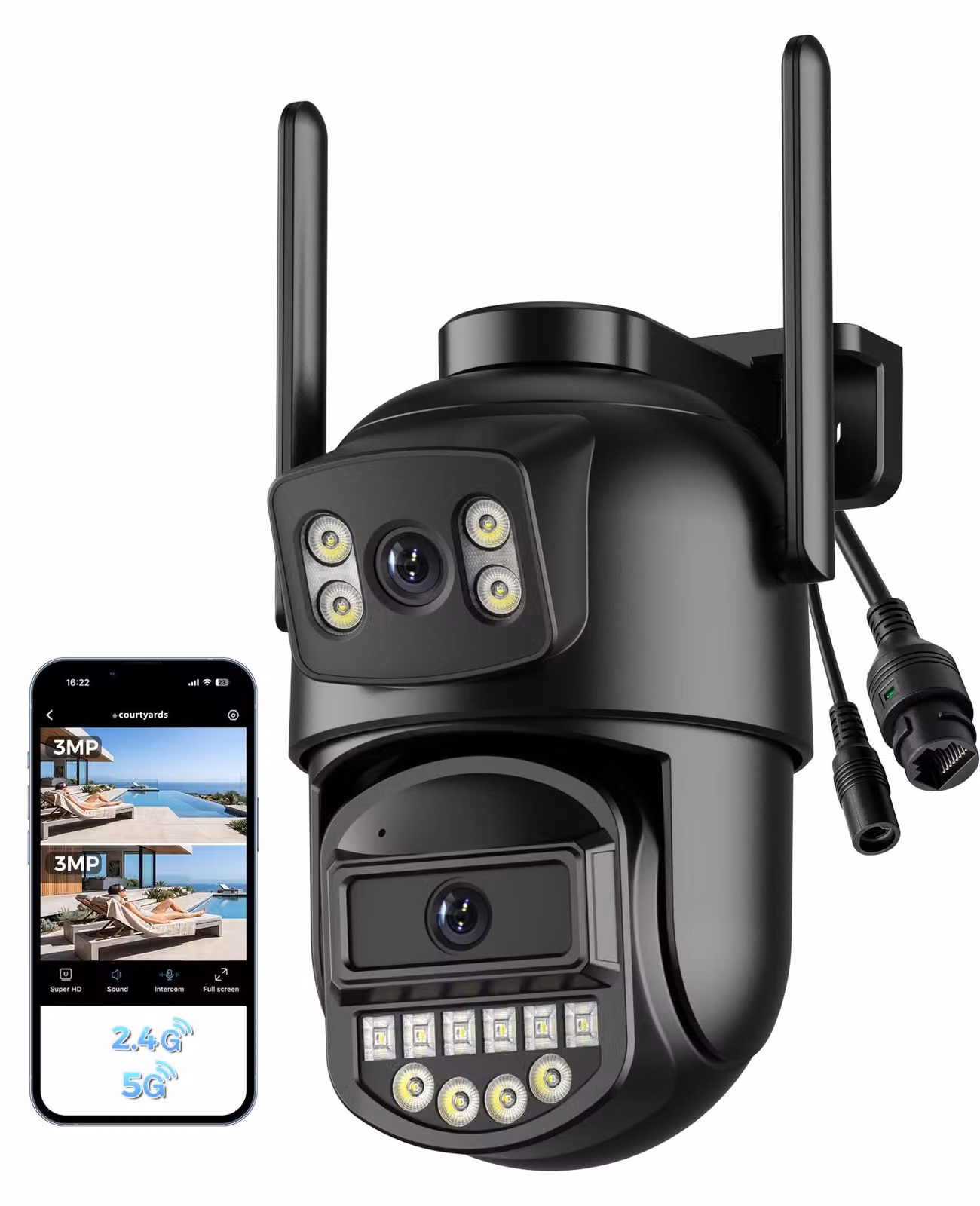 Telecamera di sicurezza per esterni, con doppia lente da 6 megapixel, rotazione orizzontale e verticale a 360°