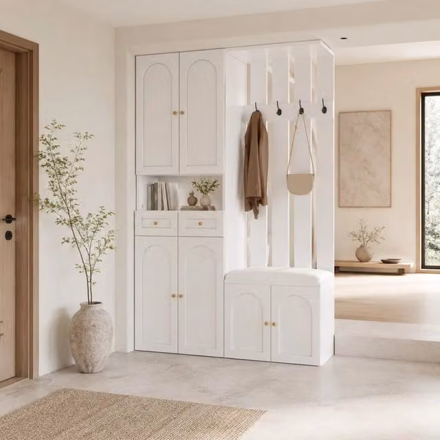 Mobili da ingresso con panca scarpiera appendiabiti 6 ante 2 cassetti 4 ganci in truciolare bianco 110 × 37 × 180 cm