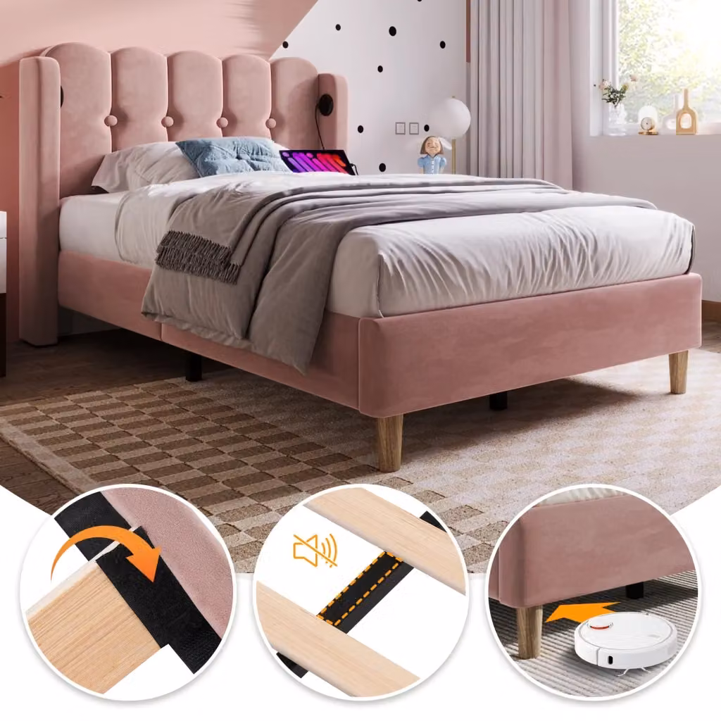 Letto singolo OKWISH in velluto rosa con testiera imbottita e porte di ricarica USB e Tipo C, L/P/H: 90 x 200 x 103 cm – 2