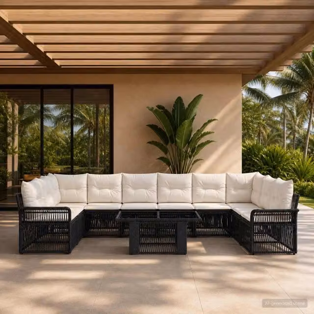 Set Divano da Giardino 11 pz Nero e Bianco Crema polyrattan 3436687