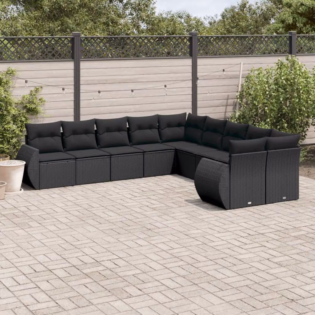vidaXL Set di Divani da Giardino a L in Polyrattan Nero con Cuscini e Struttura in Metallo – 1
