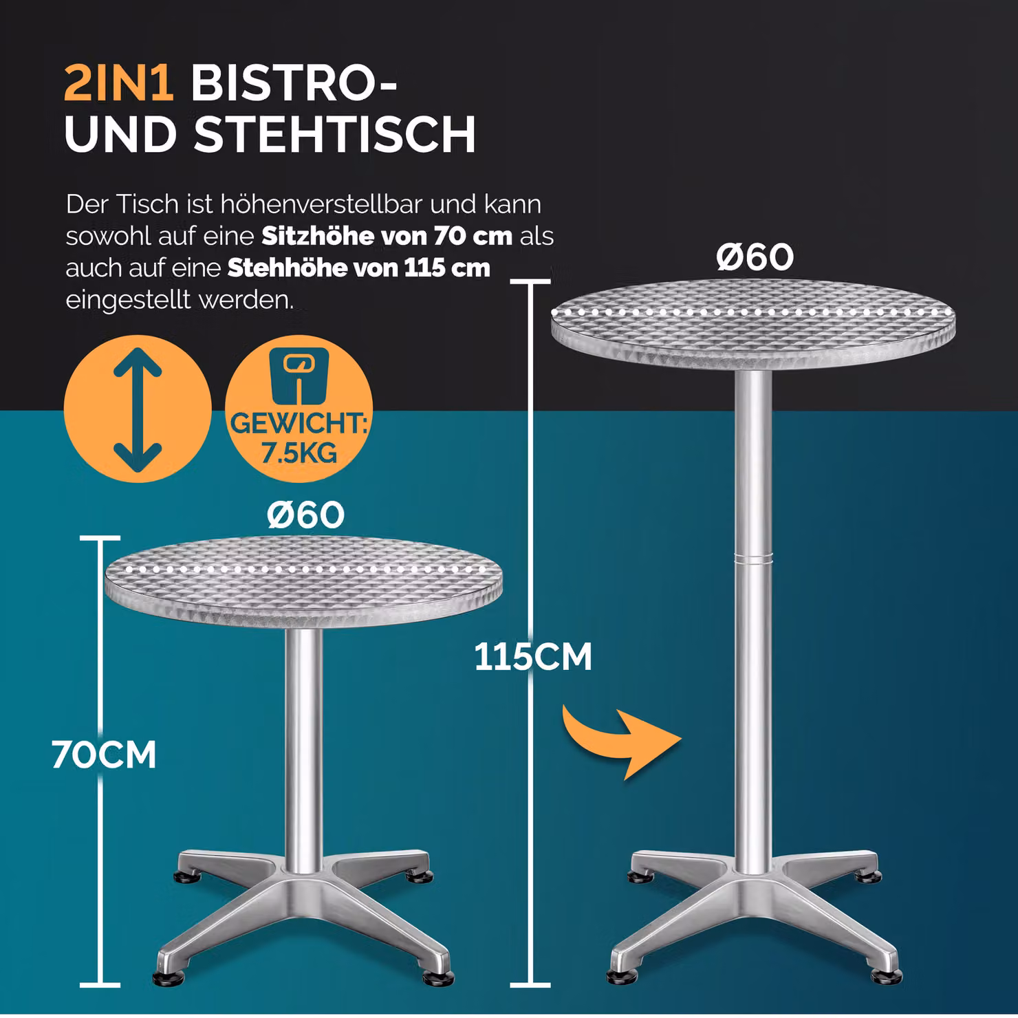 Set di 2 tavoli alti CASARIA in alluminio argento, pieghevoli e regolabili in altezza, Ø 60 cm – 3