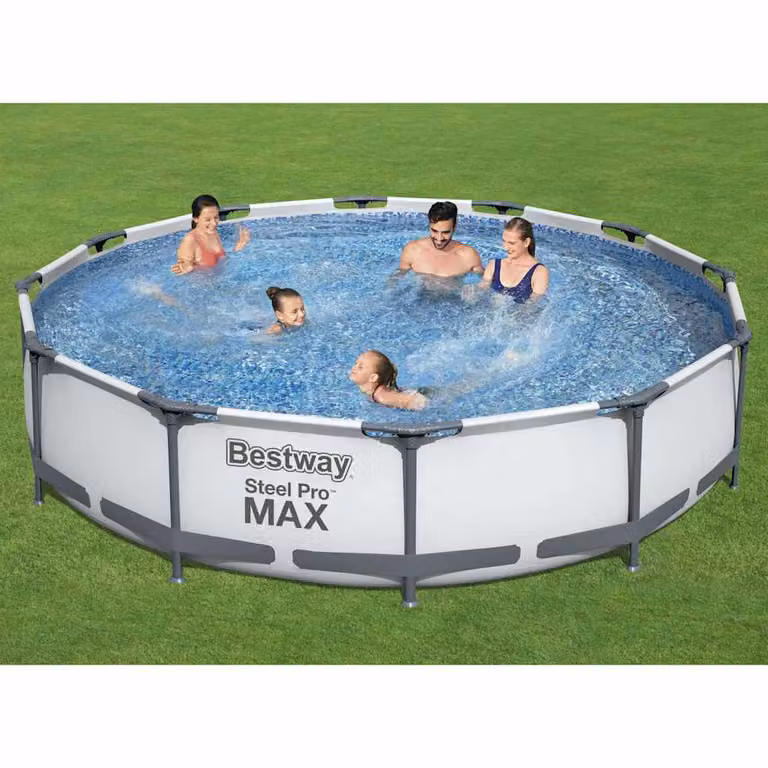 Set Piscina Bestway Steel Pro MAX Rotonda Blu e Grigia con Telaio in Acciaio, Pompa, Filtro e Kit di Riparazione, Diametro: 366 cm, Altezza: 76 cm