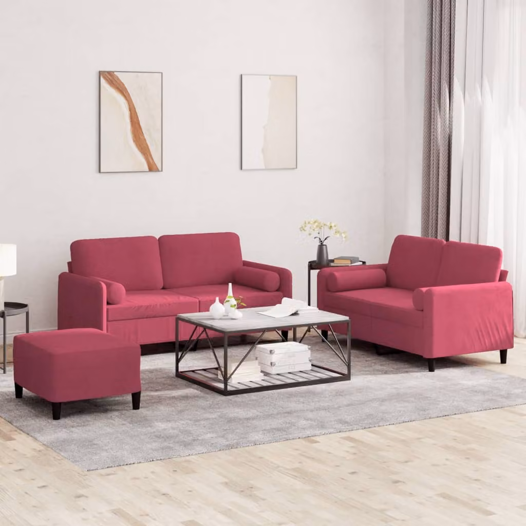Maison Exclusive - Set divano a 3 pezzi con cuscini in velluto bordeaux