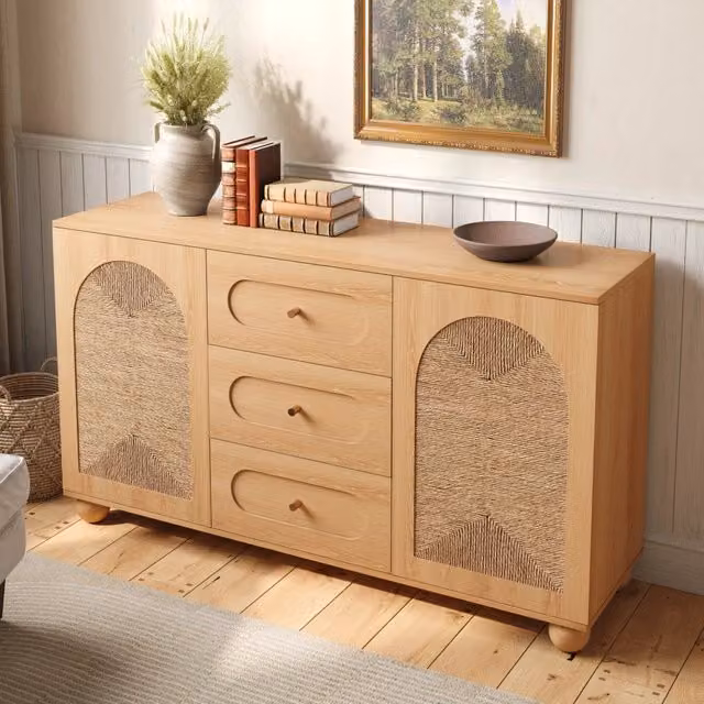 Sideboard in stile scandinavo beige con 2 ante e 3 cassetti in MDF e legno di pino, L/P/H: 140 x 40 x 80 cm