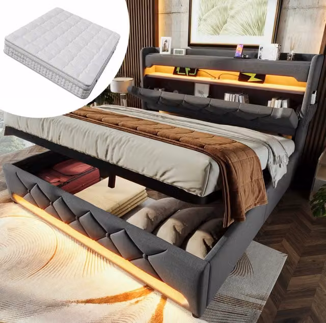 Letto matrimoniale contenitore 180x200 in lino grigio con LED; USB-C e materasso