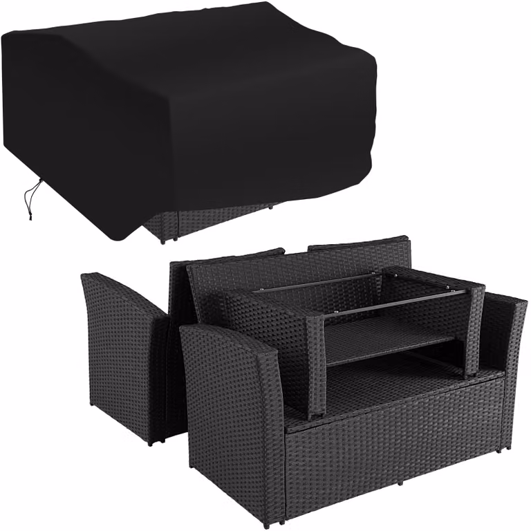 Set da giardino Tectake Modena in rattan con divano, poltrone, pouf e copertura protettiva, nero/grigio