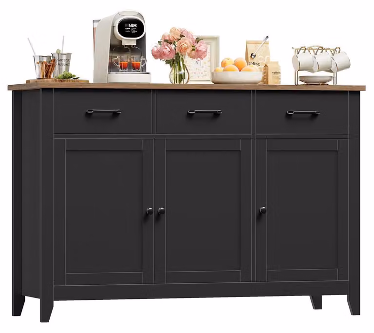 Mobile contenitore con piano di lavoro, 3 cassetti, 3 ante, 1 ripiano fisso e 1 ripiano regolabile, adatto per cucina, soggiorno o sala da pranzo, dimensioni 120 x 40 x 85 cm, colore nero