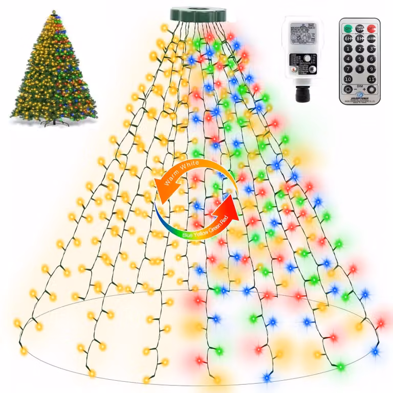 Illuminazione a LED per alberi, 2,5 metri, 400 LED, 16 fili, luce bianco caldo/multicolore