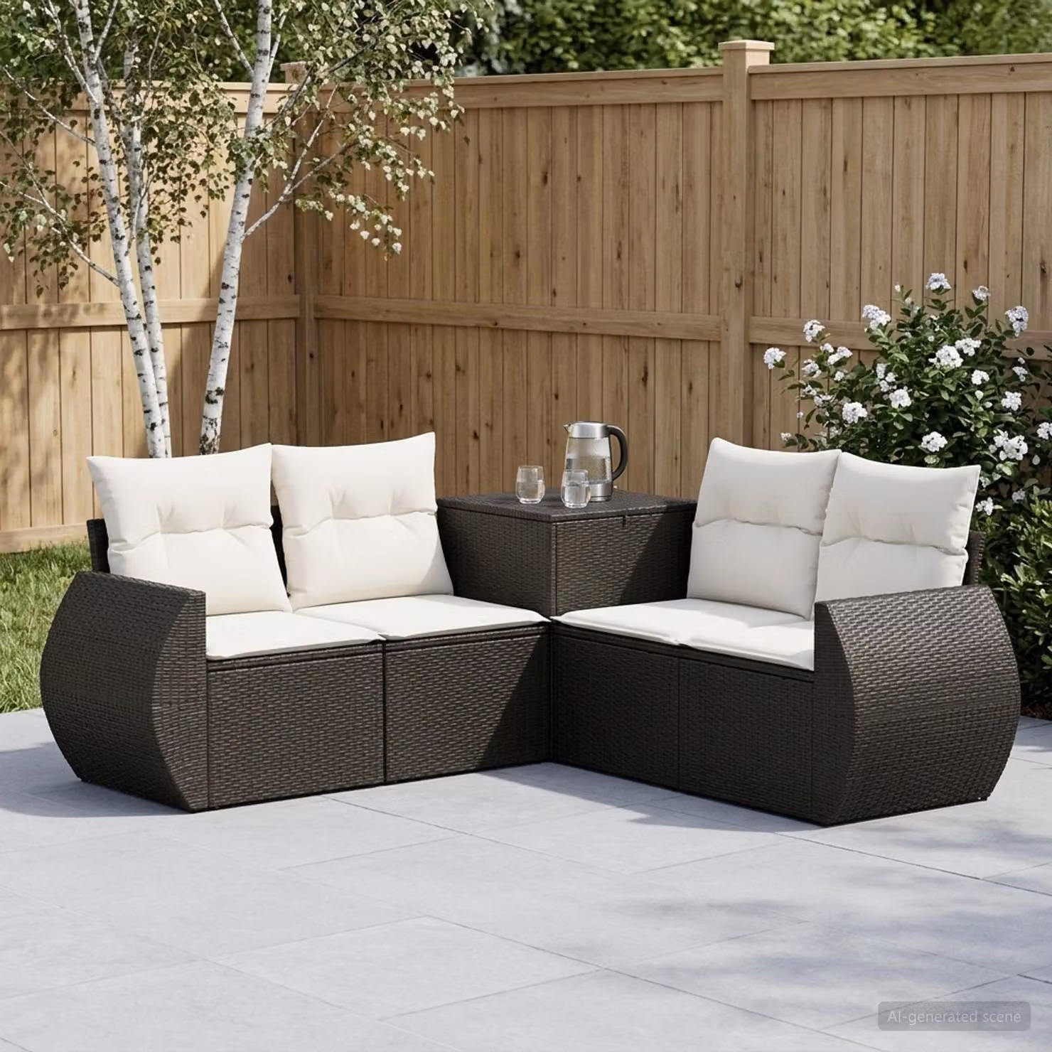 Set di divani da giardino vidaXL a forma di L in polyrattan nero e bianco con cuscini inclusi