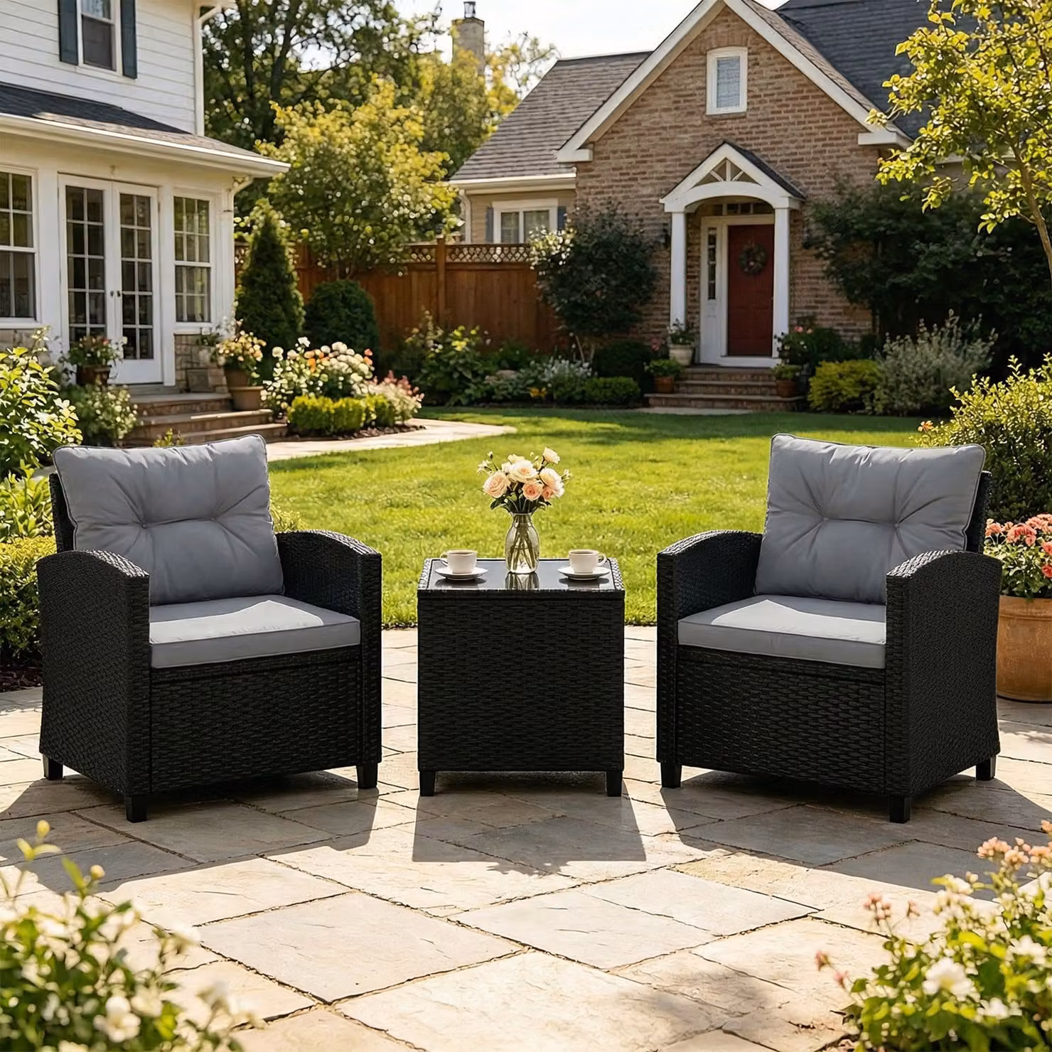Set salotto da giardino Costway in rattan grigio con 2 poltrone con cuscini sfoderabili e tavolino con piano in vetro temperato