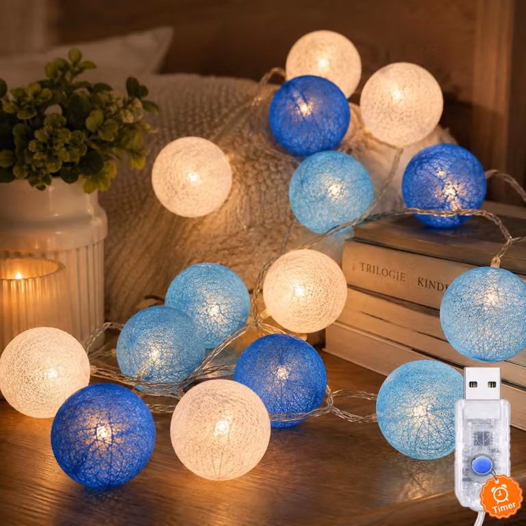 Catena luminosa con palline di cotone, alimentazione USB, timer, lunghezza 1,5 metri, 10 LED