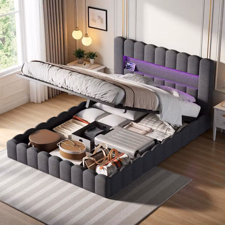 Letto imbottito INONEFT 160x200 cm con LED, contenitore nella testiera, letto a molle, letto matrimoniale con sistema di sollevamento idraulico e rete a doghe, letto per ragazzi, tessuto in lino, colore grigio