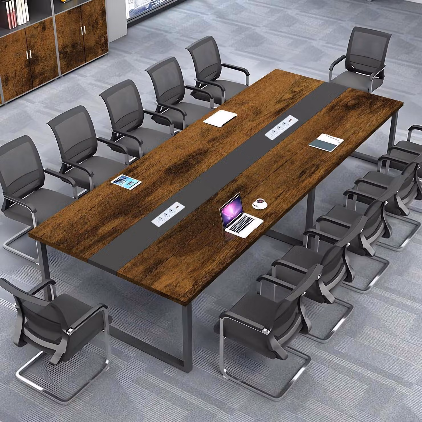 Tavolo da conferenza con sistema di gestione dei cavi, dimensioni 200x80x74 cm, design moderno, ideale per l'ufficio