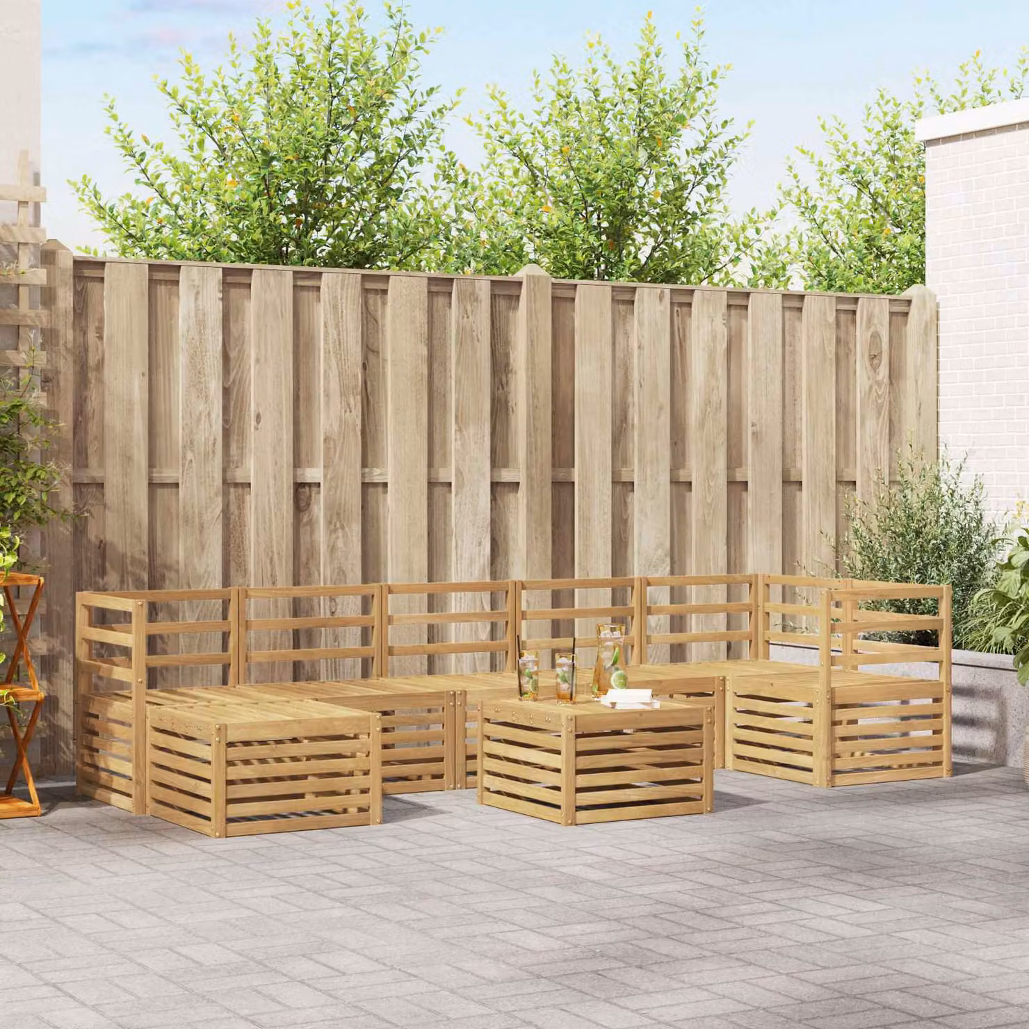 Set di divani da esterno vidaXL 8 pz in legno di acacia massello con cuscini bianchi e marroni in stile moderno per giardino e terrazza