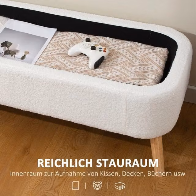 Panca contenitore 65 L imbottita con seduta in pile e piedi in legno per camera color crema 120×42×45 cm
