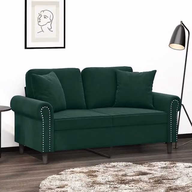 Divano a 2 posti moderno vidaXL in velluto verde con cuscini e struttura in metallo L: 152 cm, P: 80 cm, H: 77 cm