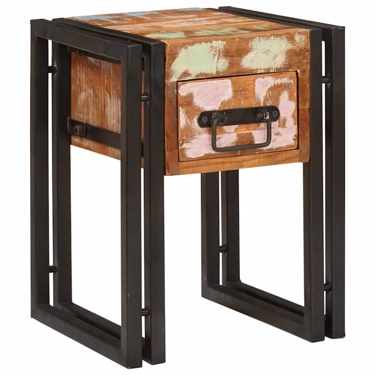 vidaXL Tavolino con cassetto in legno recuperato massello e metallo, L/P/H: 30 x 30 x 40 cm