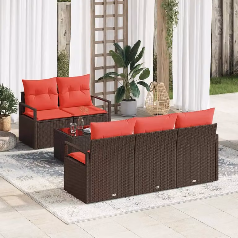 Set Divano da Giardino vidaXL 6 Pezzi a Forma di L con Tavolino, Beige e Rosso