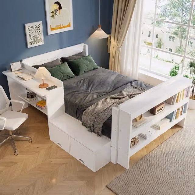 Letto in legno bianco 120 x 200 cm con scrivania laterale integrata e contenitore