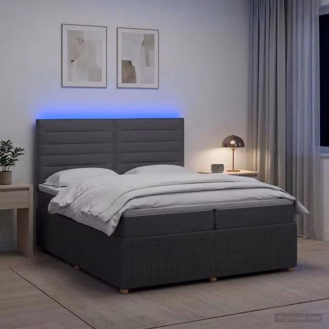Letto Box Spring vidaXL con Materasso Ibrido e Illuminazione LED, Colore Grigio e Bianco, L/P: 200 x 200 cm – 1