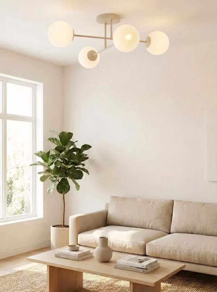 Plafoniera Emibig ROMA a sfere in vetro e metallo, colore beige e bianco, con 4 attacchi E14 – 2