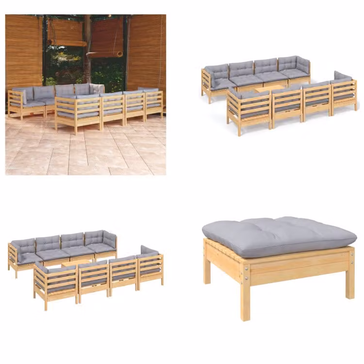 vidaXL Set salotto da giardino 9 pezzi con cuscini grigi in pino massiccio - Set salotto da giardino - Set salotto da giardino - Set mobili da giardino - Set mobili da giardino