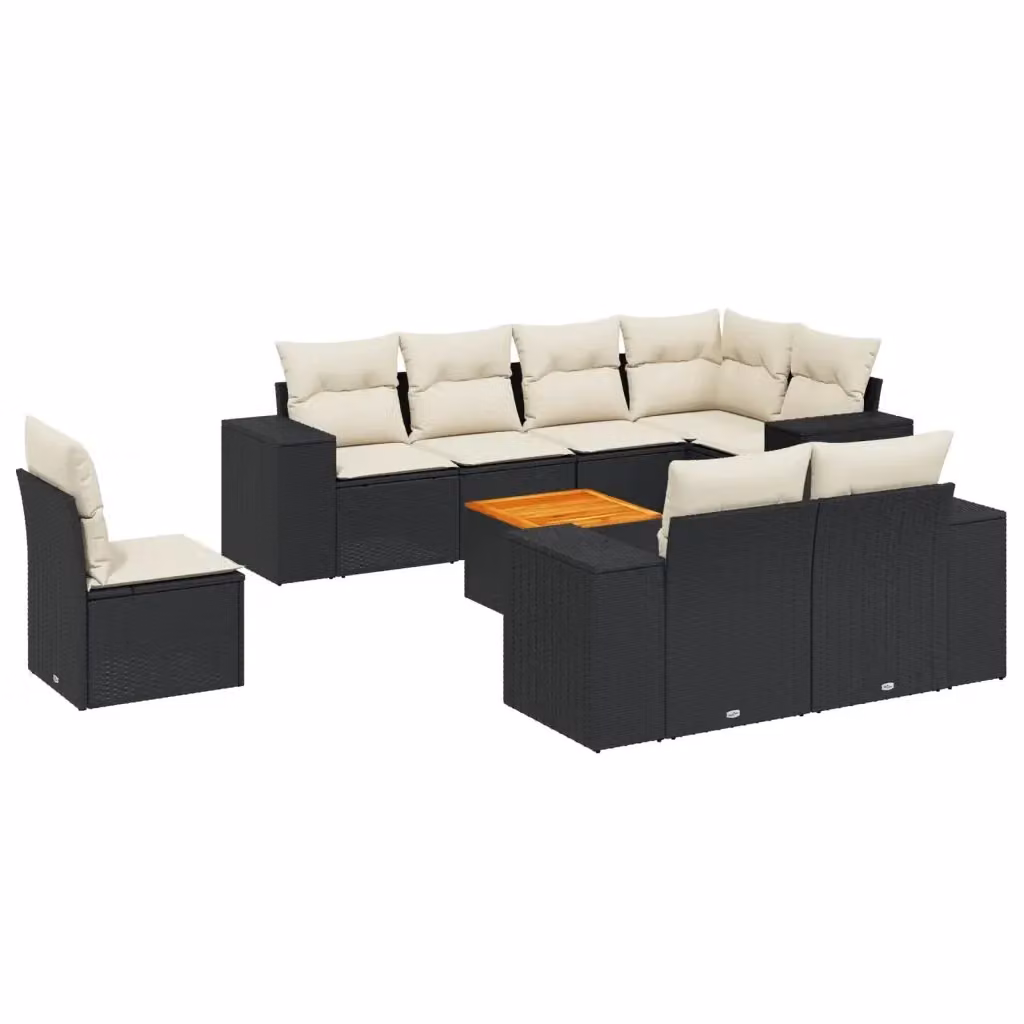 vidaXL Set Divani da Giardino 9 pz in Polyrattan Nero con Cuscini e Tavolino da Esterno – 2