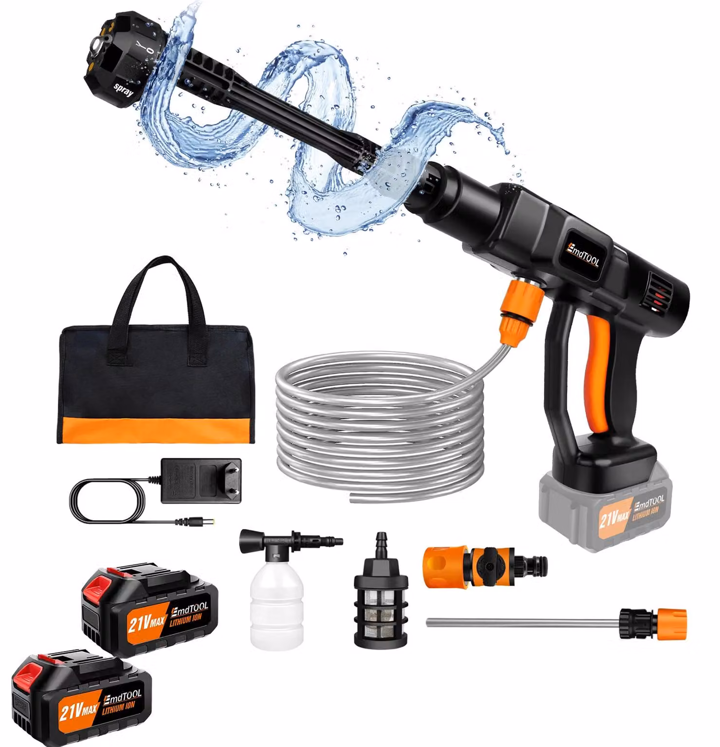Idropulitrice portatile ad alta pressione - Modello WZ-XCJ2 - Batteria inclusa - Tubo da 5 metri - Accessori inclusi - Adatta per auto, pavimenti e giardino
