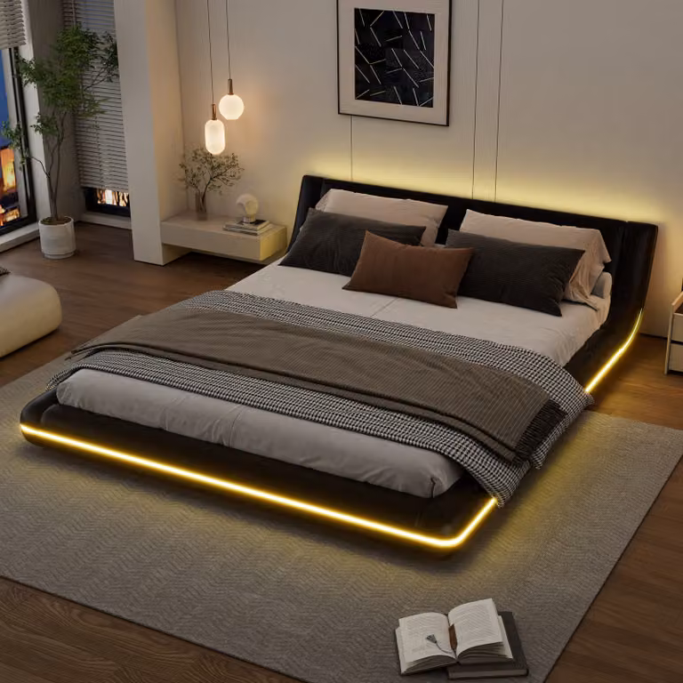 Letto imbottito Flieks 160x200cm con LED, letto matrimoniale letto giovanile con rete a doghe, letto classico letto in legno letto galleggiante letto da terra, PU, nero