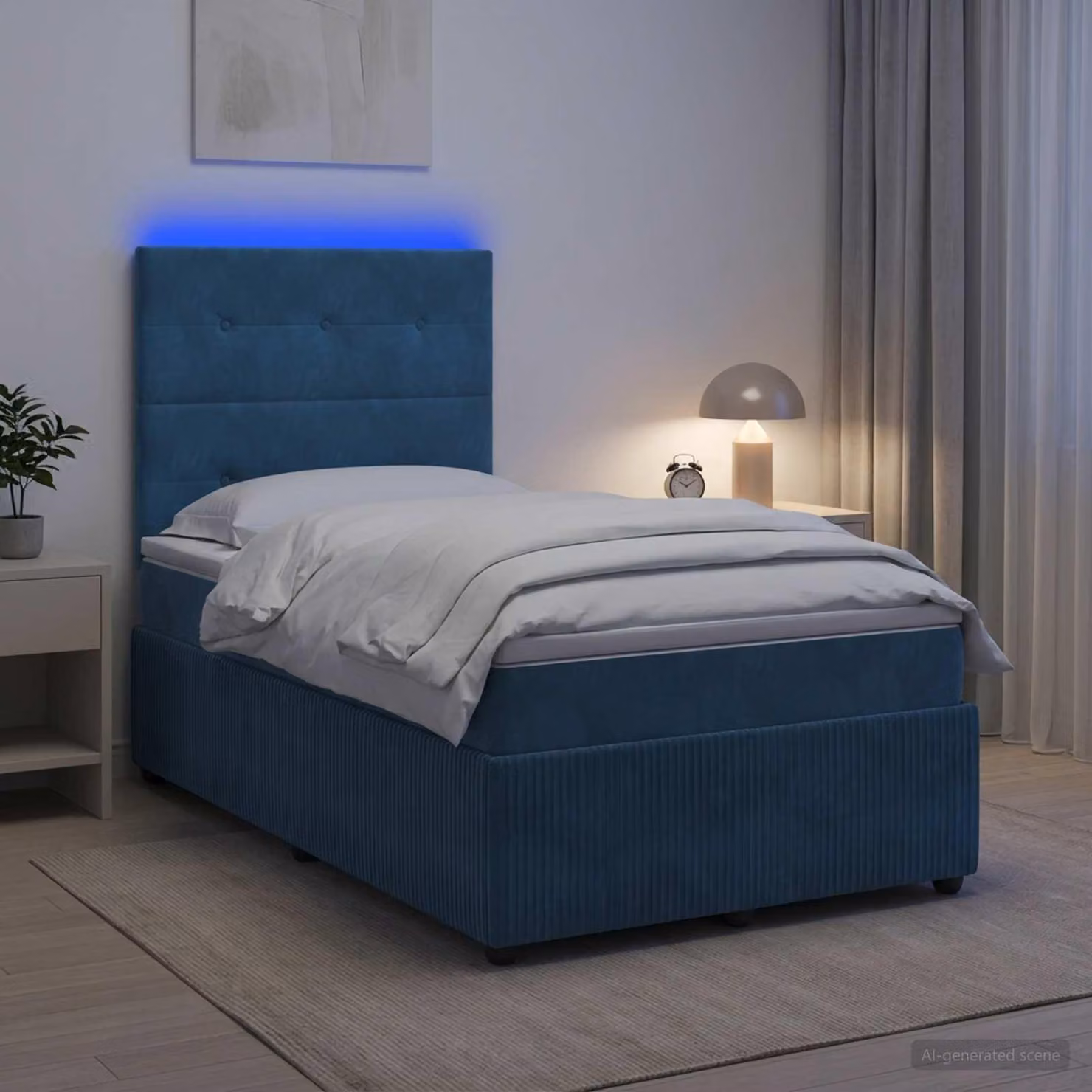 Letto a molle insacchettate con box e materasso, colore blu, in velluto, dimensioni 120 x 190 cm