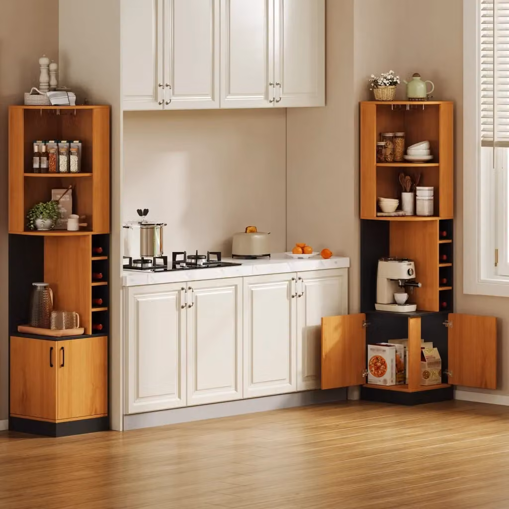 Mobile angolare OKWISH per cucina e soggiorno con portabottiglie, portabicchieri e armadietto, in MDF naturale e metallo, marrone, L/P/H: 40 x 40 x 182 cm – 2