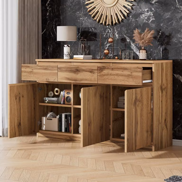 MODFU: cassettiera in legno, cassettiera con 3 ante e 3 cassetti, mobile complementare con ripiano regolabile per il soggiorno, effetto legno
