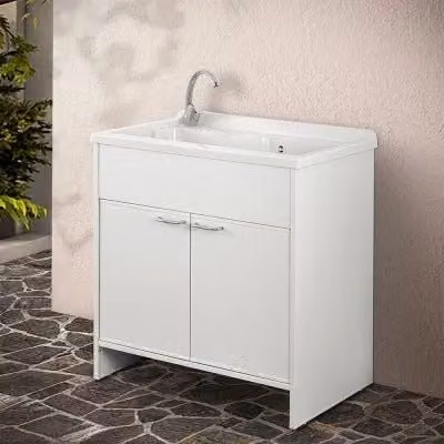Mobile lavatoio esterno bianco con vasca in resina e ante a battente L: 80 cm, P: 50 cm, H: 85 cm