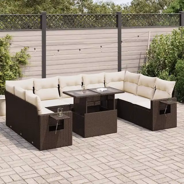 Set Divani da Giardino 10pz con Cuscini in Polyrattan Marrone 3326544