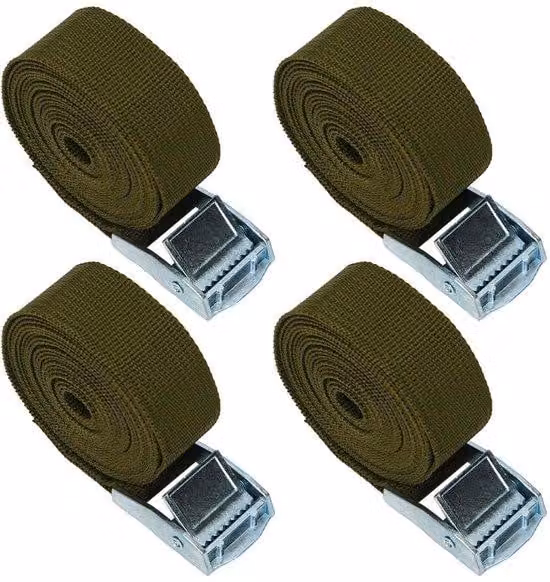 Set di 4 cinghie di fissaggio regolabili, verde, 2,5 m, chiusura a morsetto, portata 250 kg, per auto, moto, biciclette, trasporto