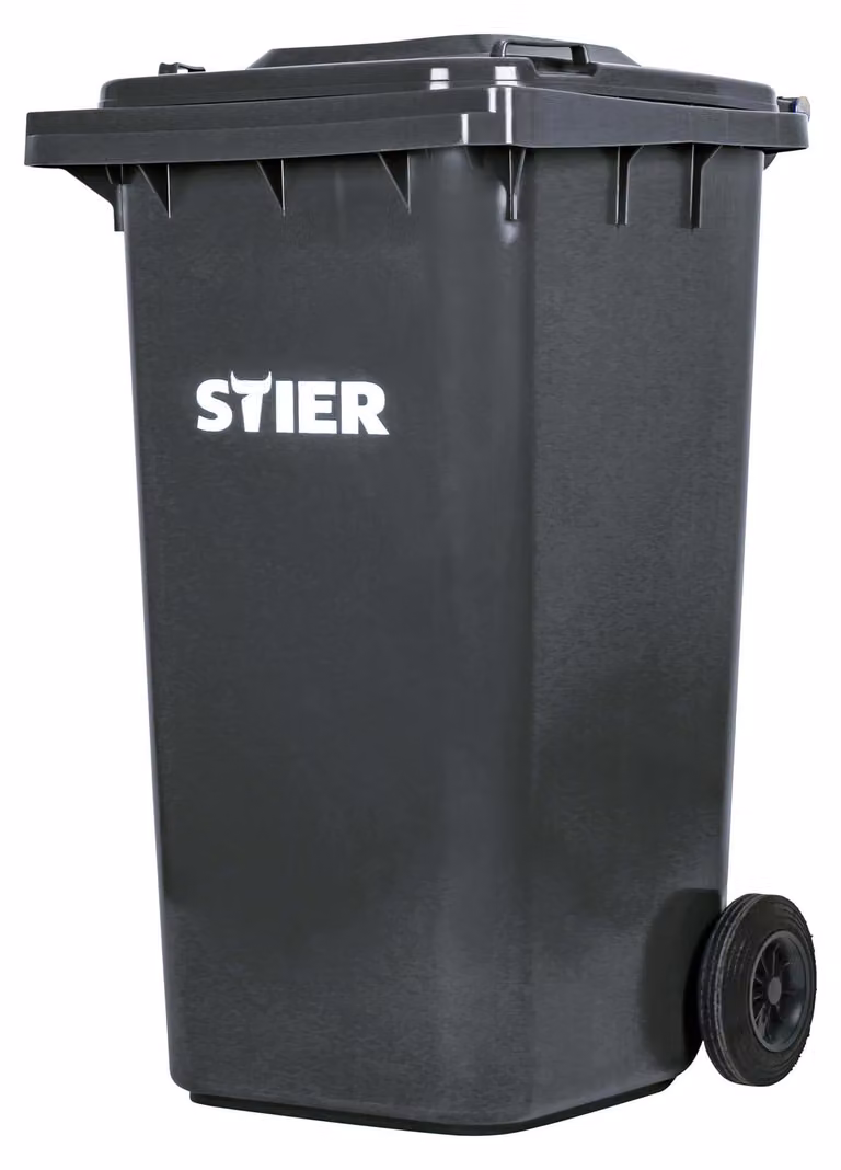 STIER Contenitore per rifiuti a 2 ruote, bidone della spazzatura, volume 240 litri, cestino dei rifiuti, colore: grigio, dimensioni: 576 x 720 x 1067 mm, bidone per rifiuti residui con ruote e coperchio, bidone universale