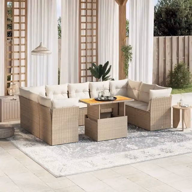 Set Divano da Giardino VIDAXL a Forma a U in Polyrattan con Cuscini Beige, 10 Pezzi