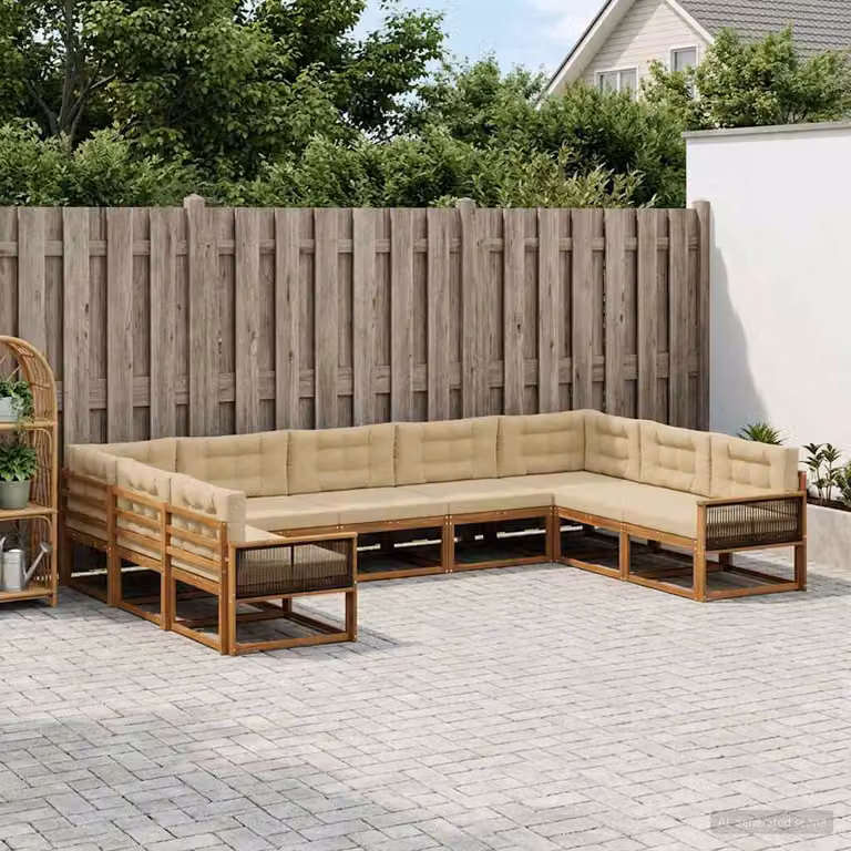 Set di divani da esterno a forma di U vidaXL in legno di acacia con cuscini, 9 pezzi, Beige e Marrone