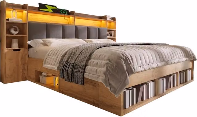 Letto matrimoniale 180x200 cm con LED; USB e USB-C; MDF e metallo; rovere