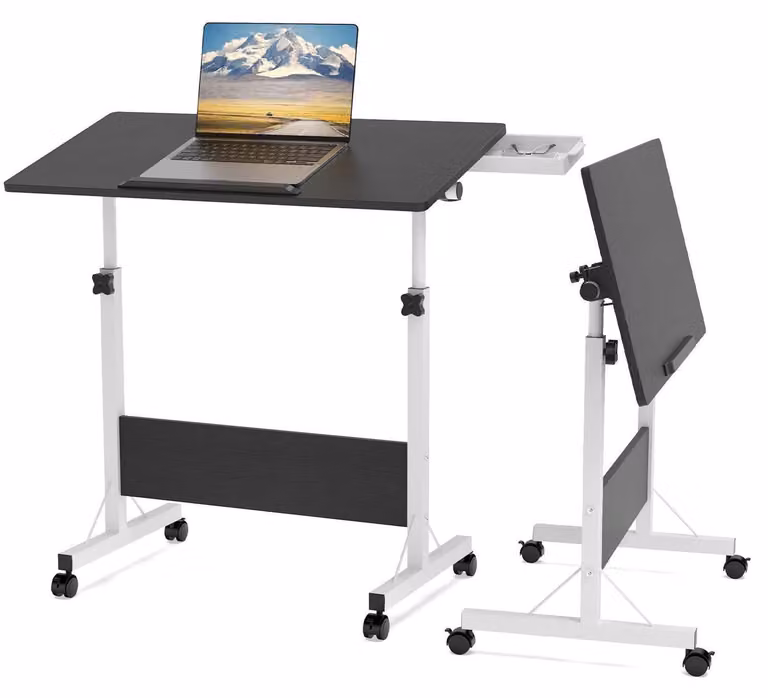 Tavolo per laptop con rotelle, pieghevole, regolabile in altezza da 64 a 89 cm, dimensioni 80x40 cm, colore nero