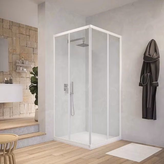 Cabina doccia angolare OGOMONDO con due ante scorrevoli in cristallo temperato trasparente, L/P/H: 71.5-74.5 x 71.5-74.5 x 185 cm