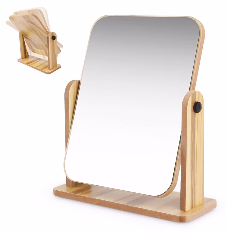 Specchio da trucco girevole a 360°, in legno, dimensioni 24x17 cm