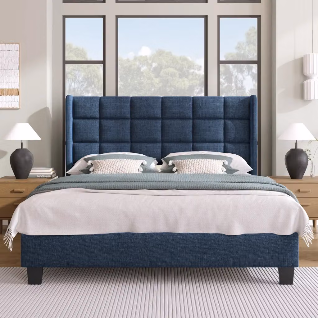 Letto imbottito REDOM in lino blu con rete a doghe L/P/H: 140 x 200 x 111 cm – 2