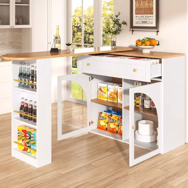 Tavolo bar girevole estensibile con ripiani e ante in vetro per cucina e soggiorno in MDF bianco 138 × 39 × 104 cm
